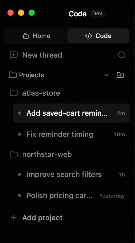 The Kolvra Code sidebar showing projects and their active tasks