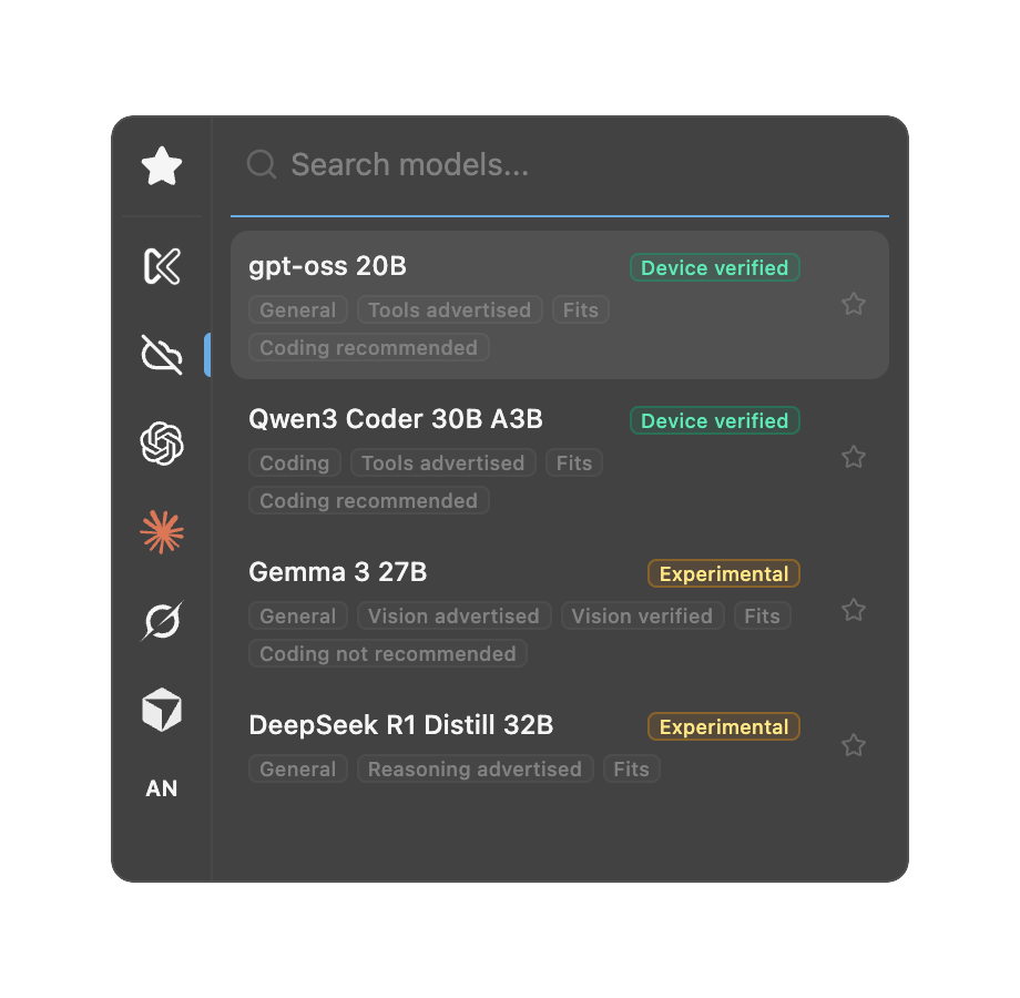 The Kolvra model picker set to Device Local with models qualified for this computer
