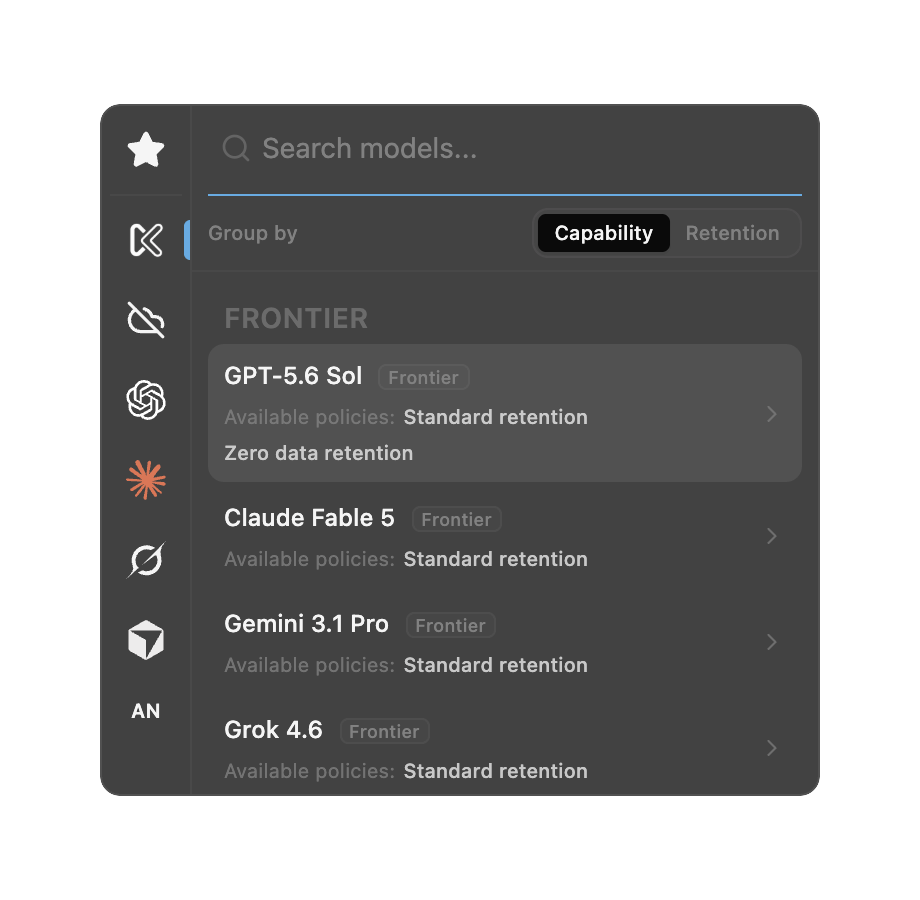 The Kolvra model picker showing managed frontier models and connected providers