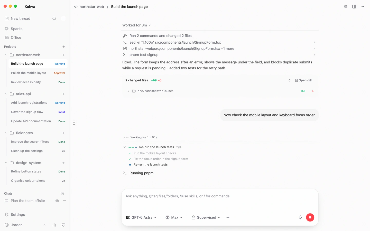 The launch page task opens in the same window: the agent works through its checklist, checking the mobile layout, fixing the focus order, and re-running the tests, with each finished turn listing the files it changed.