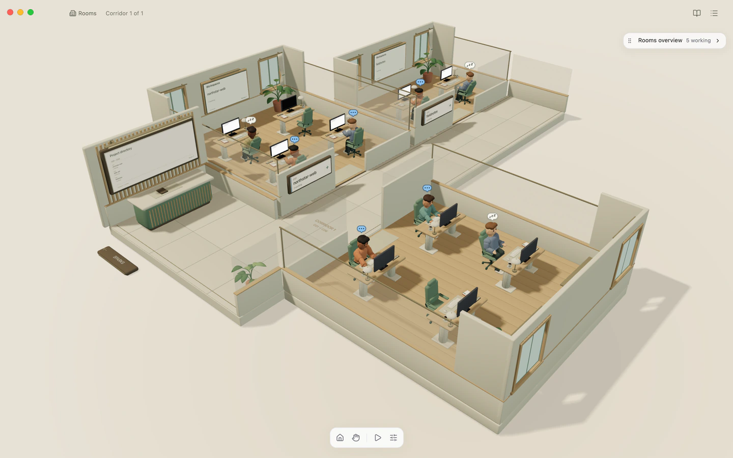 The same projects and conversations, arranged as a furnished office.