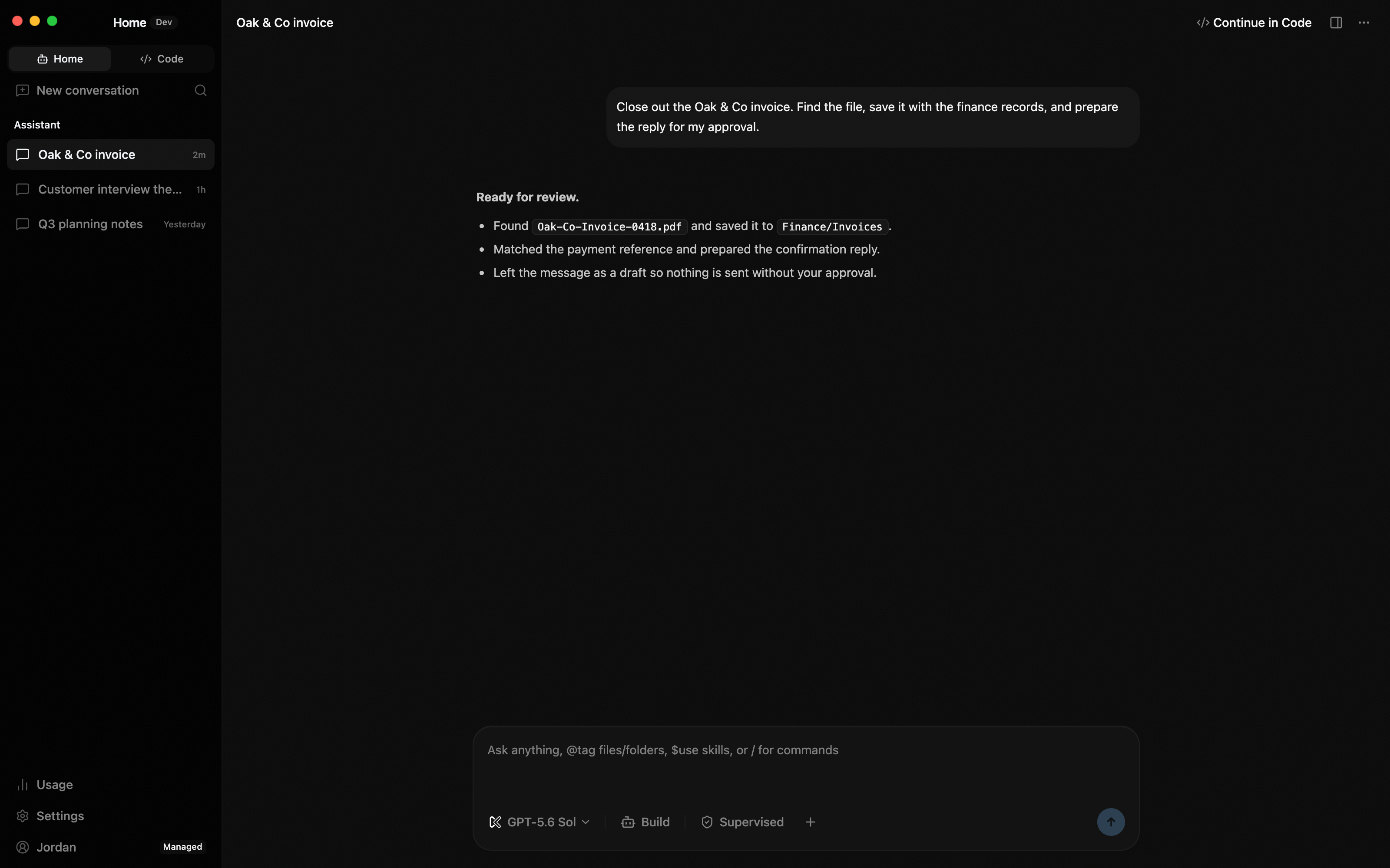The full Kolvra Assistant workspace with navigation, a document conversation, and the composer